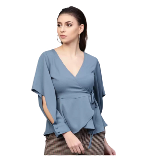 Casual Cuffed Sleeves Women Blue Top at Rs.410